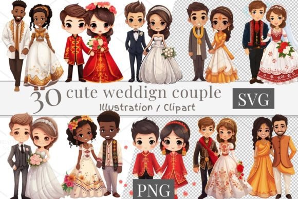 30 Cute Wedding Couple, SVG, PNG 840: Creative Design Assets