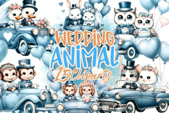 Animal Wedding Driving a Classic Car: A Whimsical Design Asset