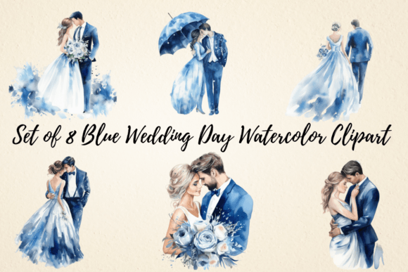 Elegant Blue Wedding Day Watercolor Clipart