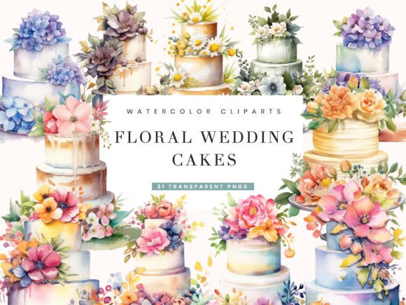 Elegant Watercolor Floral Wedding Cake Clipart