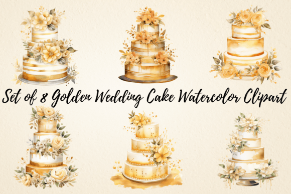 Elevate Your Designs with Golden Wedding Cake Watercolor Clipart