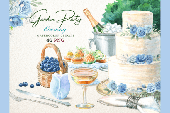 Watercolor Blue Rose Wedding Party Set: Elegant Design Elements