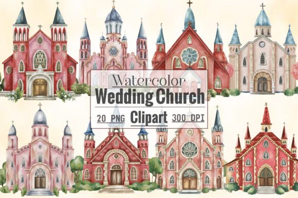 Watercolor Wedding Church Clipart: Creative Design Assets